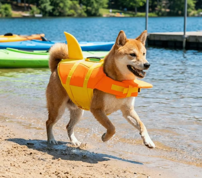 AquaPawz Shark Fin Dog Life Jacket in orange and yellow, worn by a Shiba Inu running at the lake