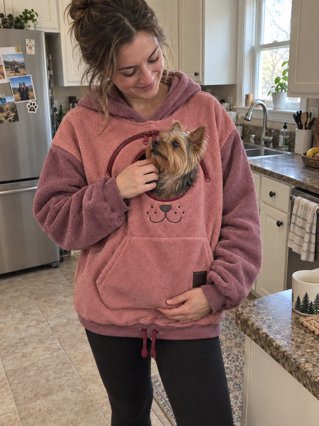 Pet owner using the cozy bonding pouch