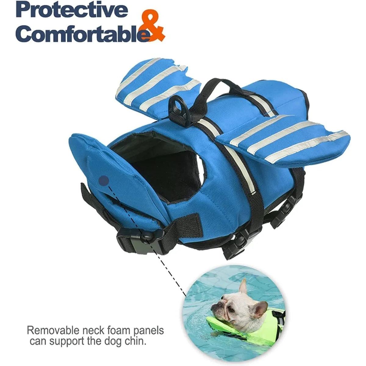 Reflective safety strips and reinforced rescue handle on the AquaPawz Reflect Pro life jacket